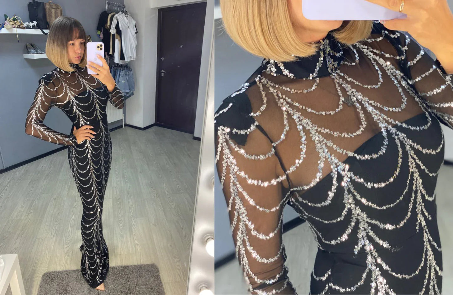 Black sheer long-sleeve evening dress with silver beaded chain detailing, high neck, and mermaid hem for formal events