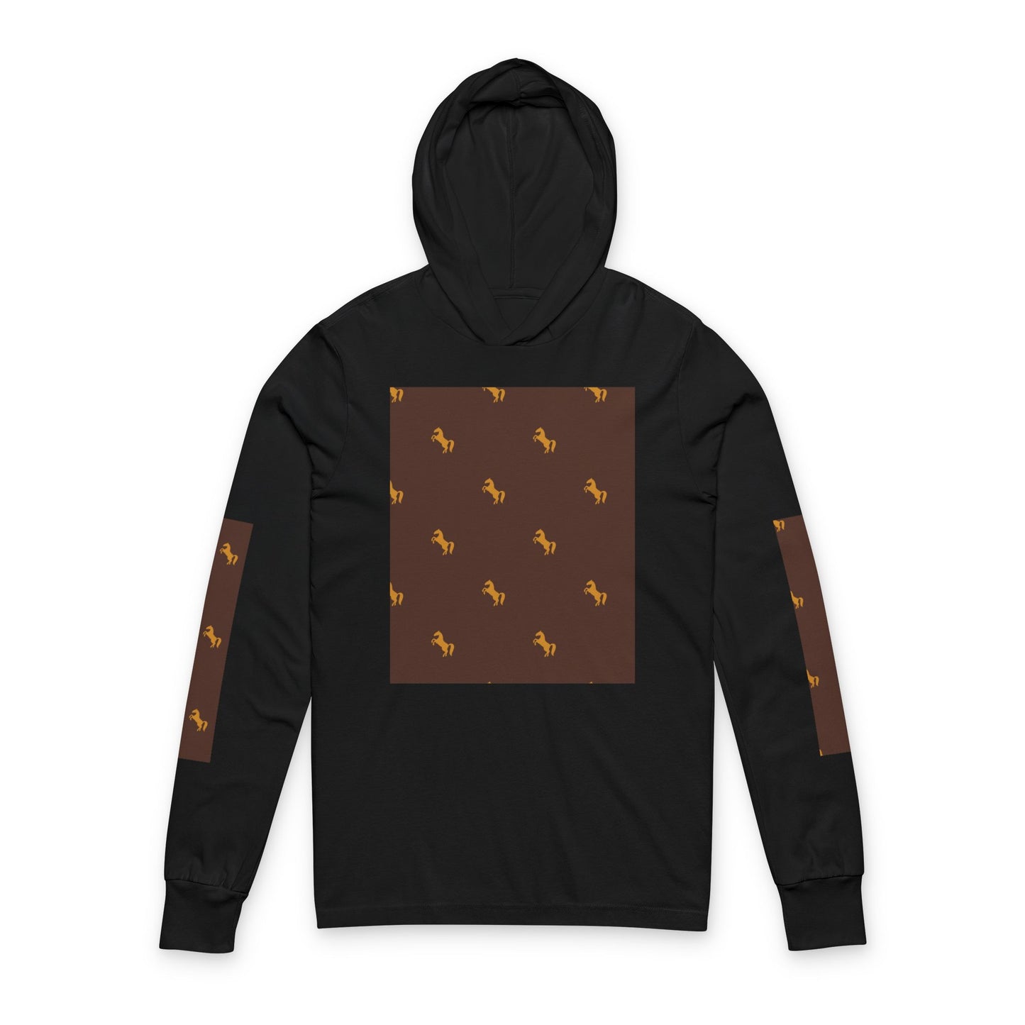 Hooded Long Sleeve Tee — Brown Patterned Horse Motif