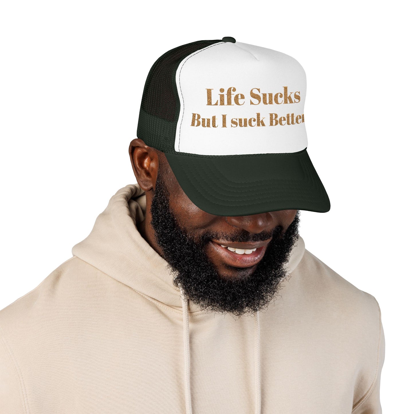 Trucker Hat - "Life Sucks But I Suck Better" Gold Glitter Foam Cap