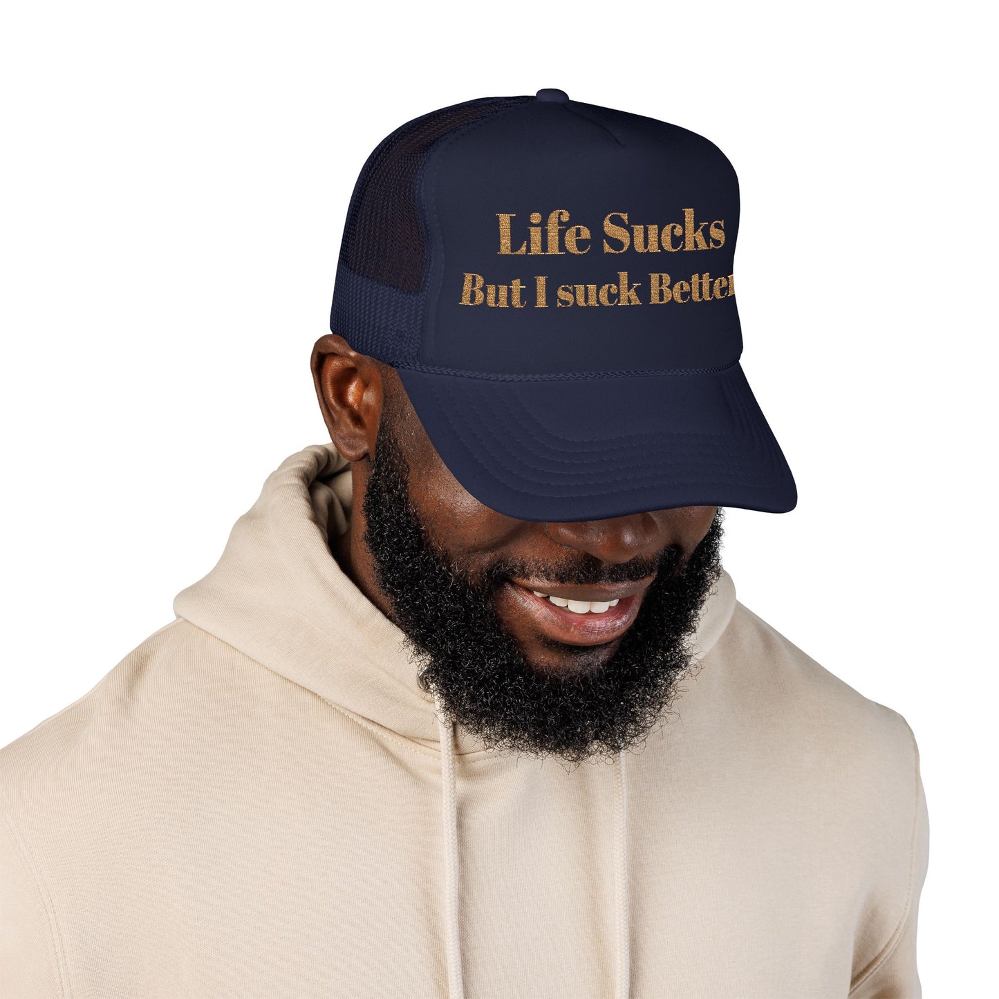 Trucker Hat - "Life Sucks But I Suck Better" Gold Glitter Foam Cap