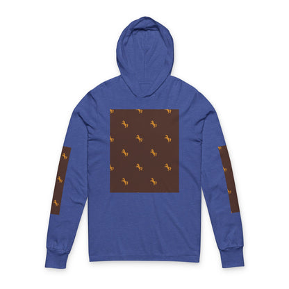 Hooded Long Sleeve Tee — Brown Patterned Horse Motif