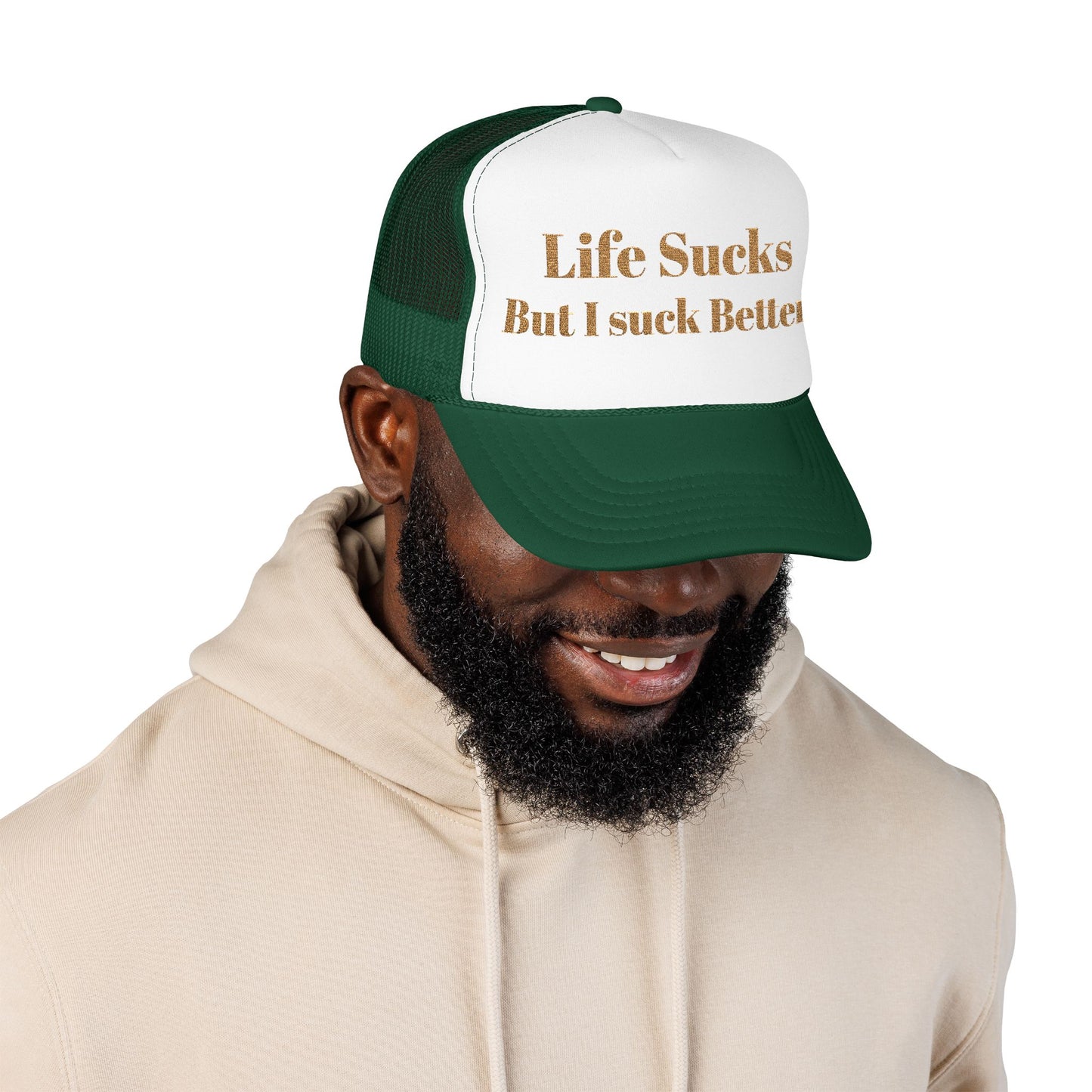 Trucker Hat - "Life Sucks But I Suck Better" Gold Glitter Foam Cap