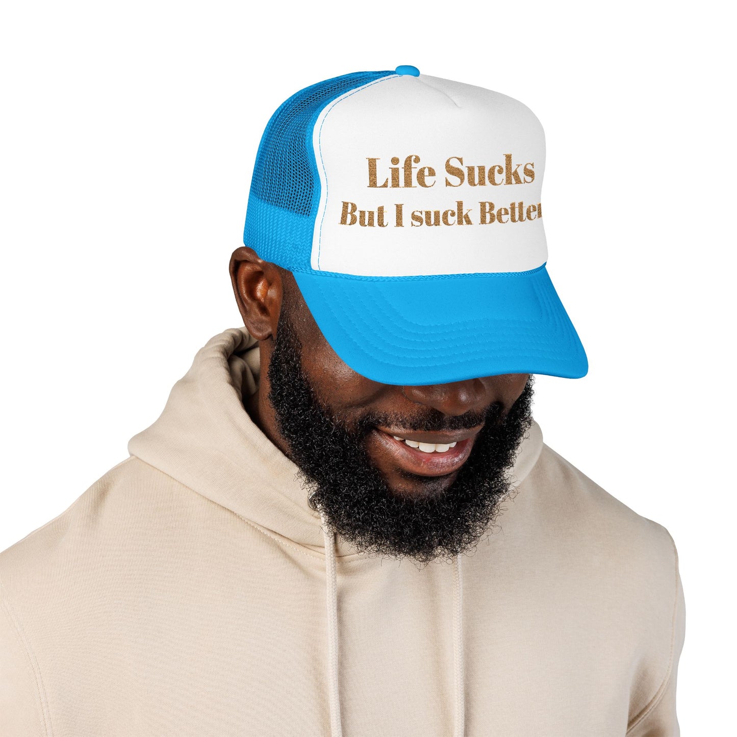 Trucker Hat - "Life Sucks But I Suck Better" Gold Glitter Foam Cap