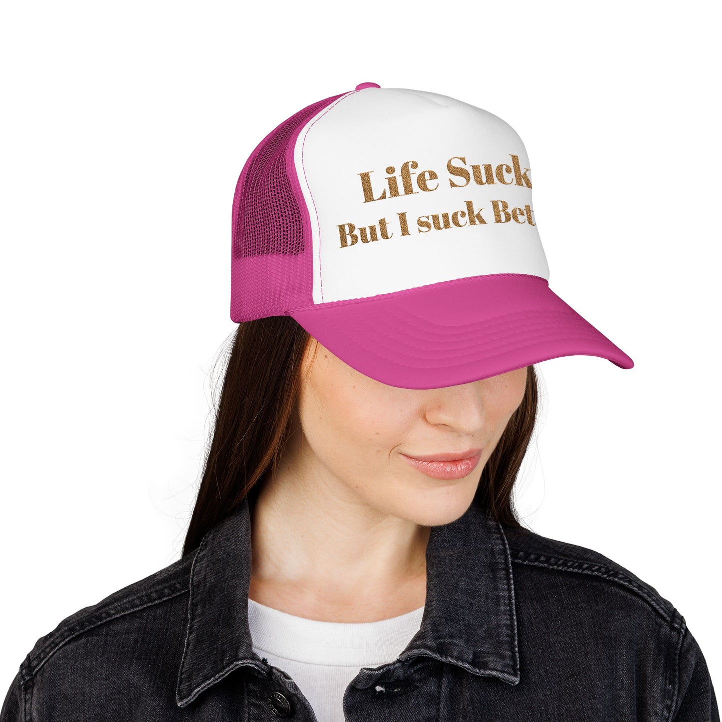 Trucker Hat - "Life Sucks But I Suck Better" Gold Glitter Foam Cap