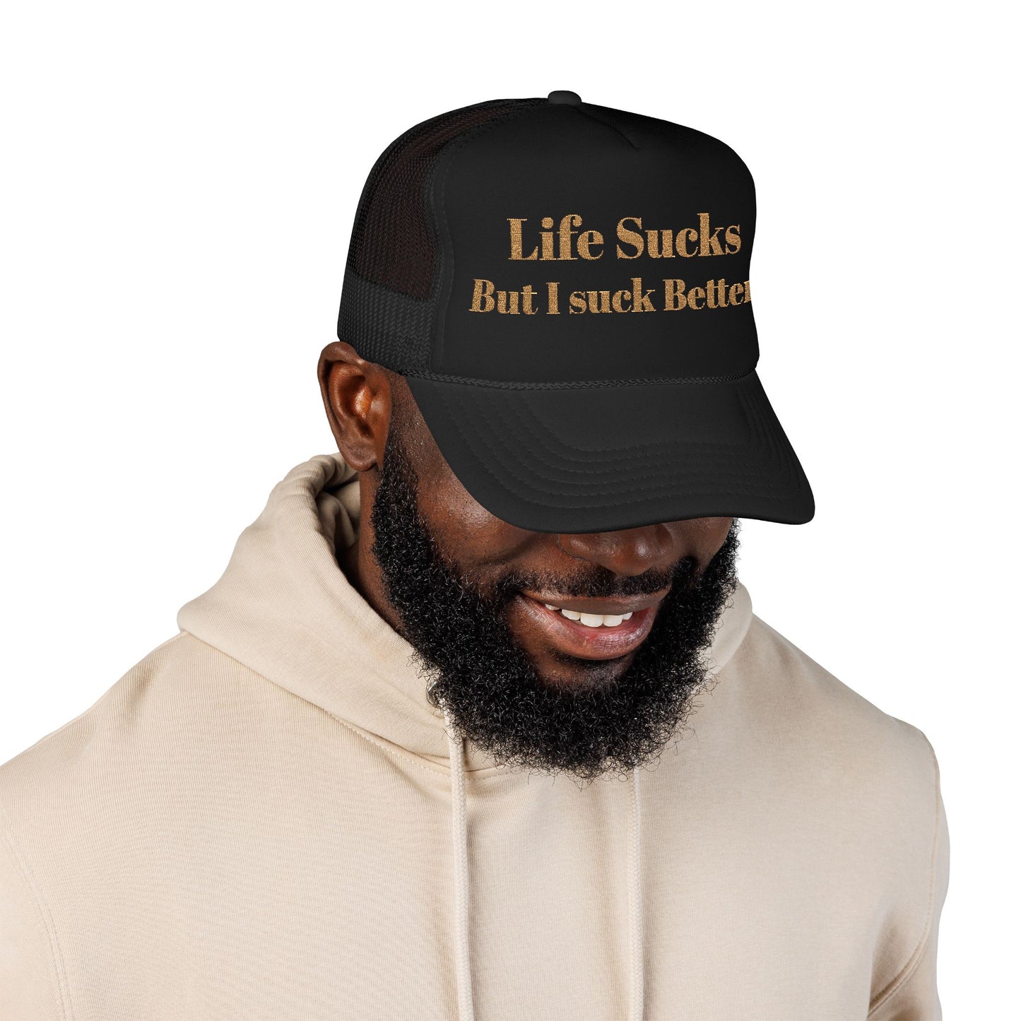 Trucker Hat - "Life Sucks But I Suck Better" Gold Glitter Foam Cap