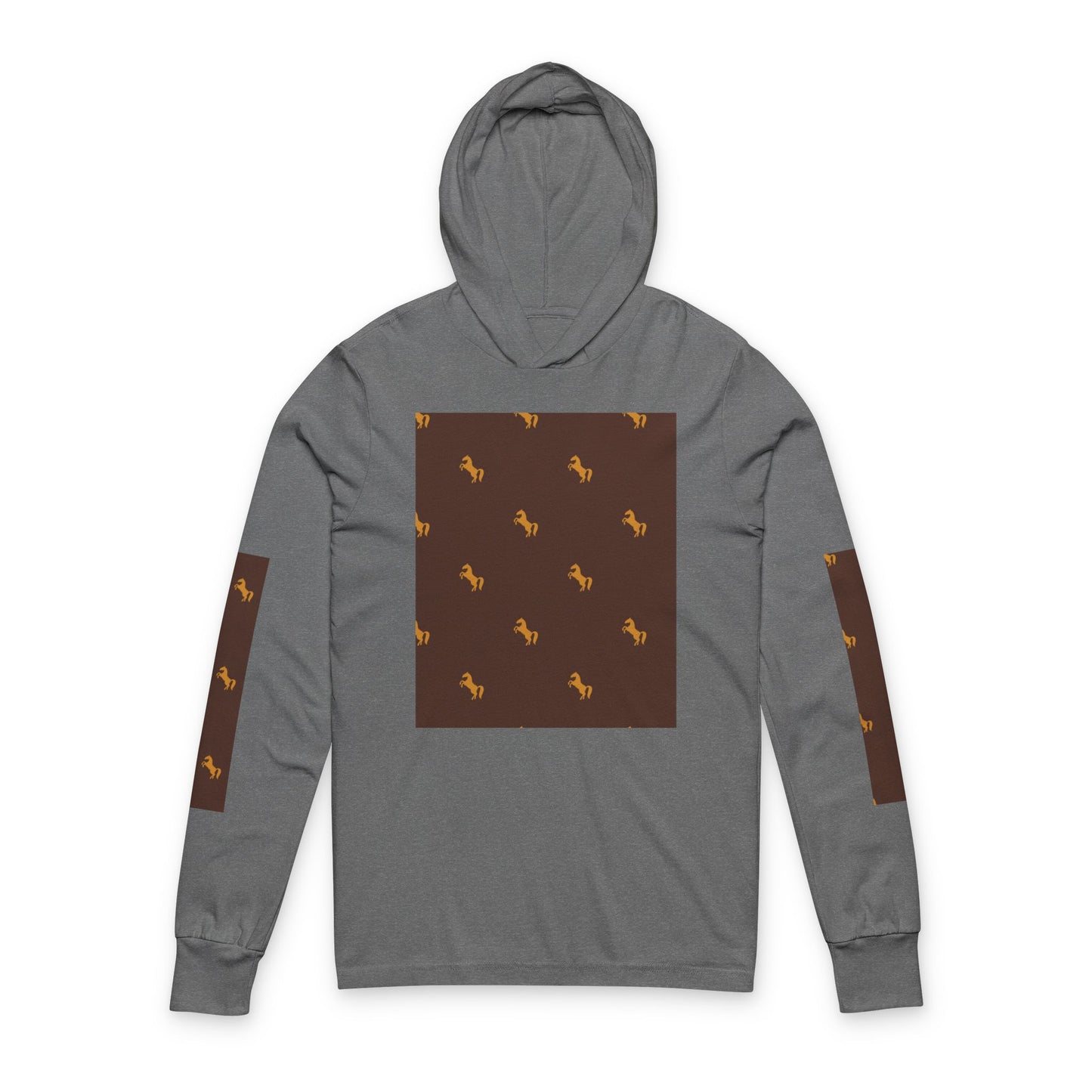 Hooded Long Sleeve Tee — Brown Patterned Horse Motif