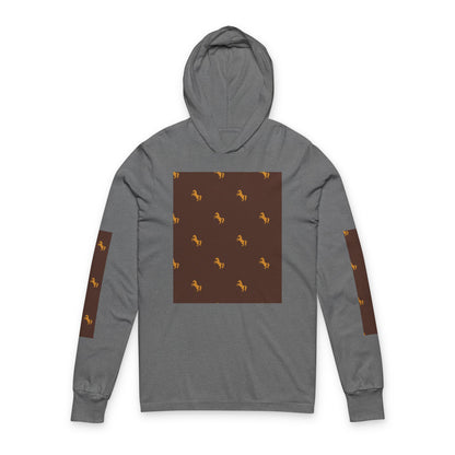 Hooded Long Sleeve Tee — Brown Patterned Horse Motif
