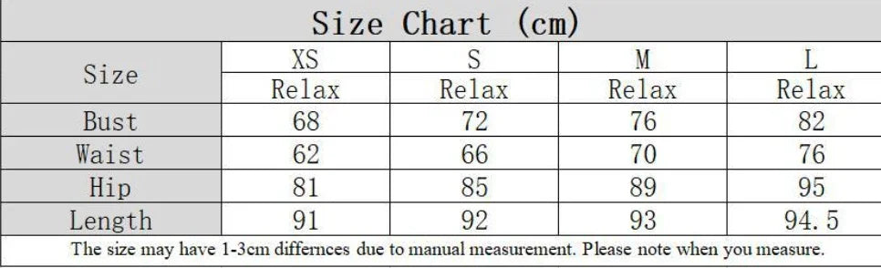 Size chart for relaxed-fit clothing in cm, showing bust, waist, hip, and length measurements for XS to L sizes
