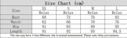 Size chart for relaxed-fit clothing in cm, showing bust, waist, hip, and length measurements for XS to L sizes