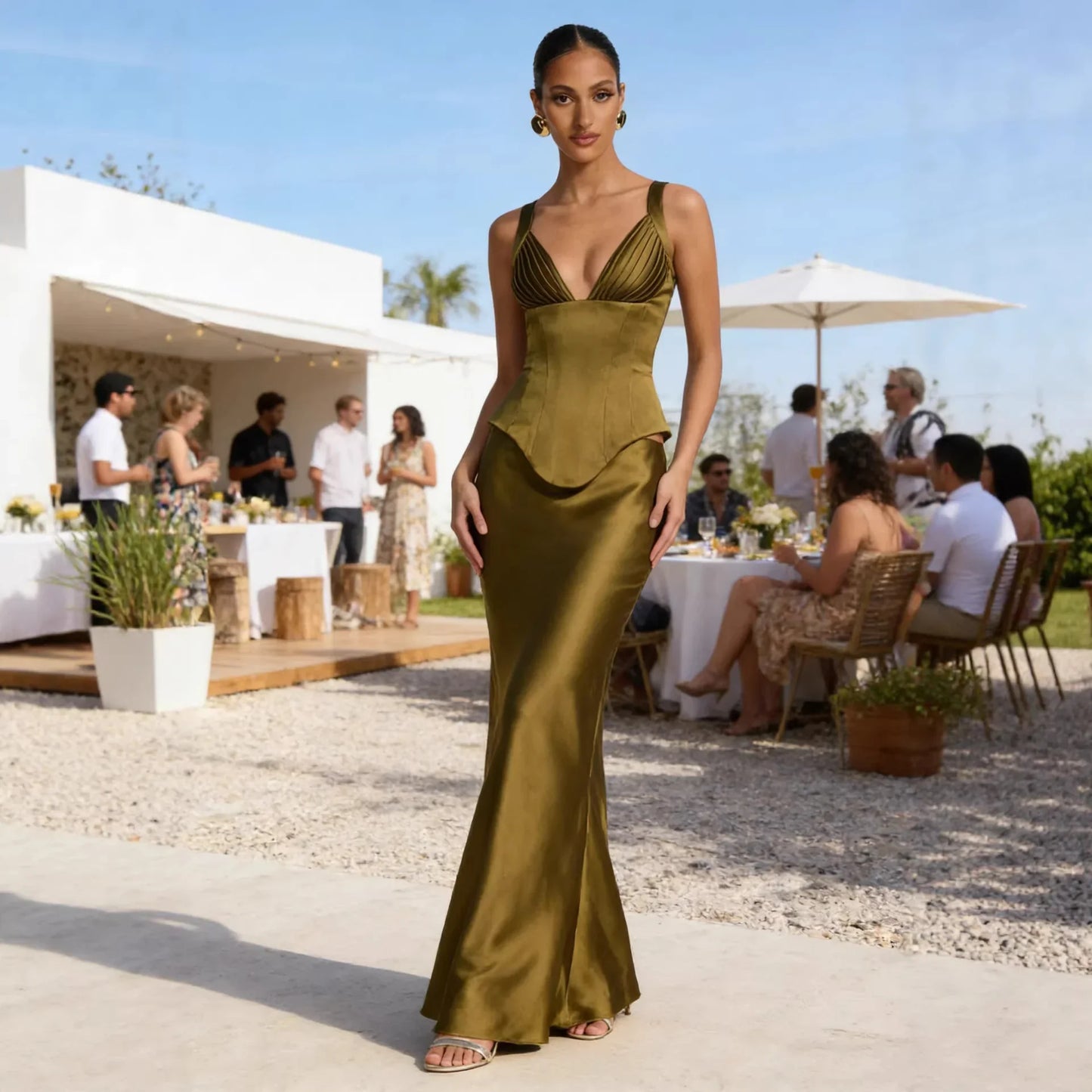 Olive green satin evening gown with corset bodice and V-neck, perfect for formal outdoor events and dinner parties.