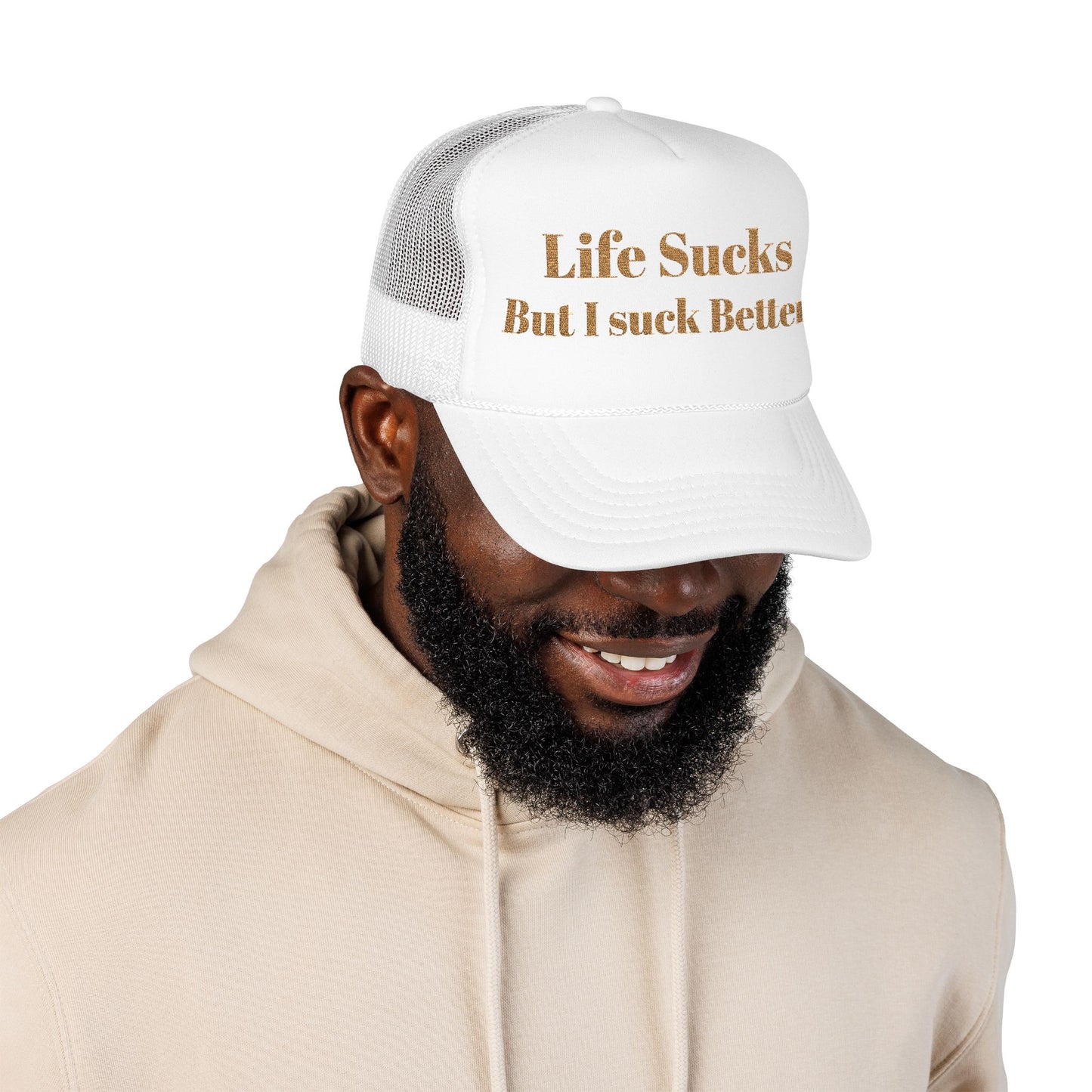 Trucker Hat - "Life Sucks But I Suck Better" Gold Glitter Foam Cap