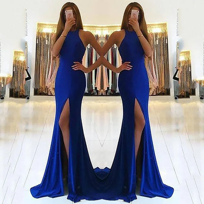 Royal blue satin mermaid prom dress with high slit and halter neckline, elegant evening gown for formal events