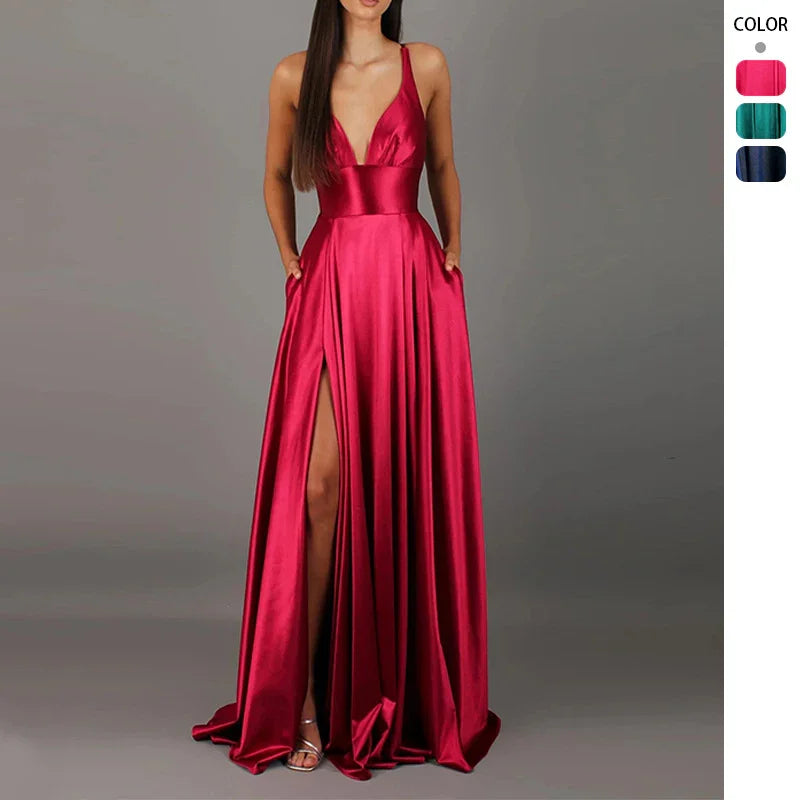 Red satin evening gown with deep V-neck, high slit, and pockets, ideal for formal events or prom
