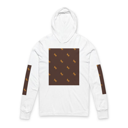 Hooded Long Sleeve Tee — Brown Patterned Horse Motif
