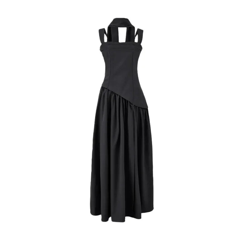 Black halter neck maxi dress with structured bodice and flowing skirt, ideal for evening events or formal occasions