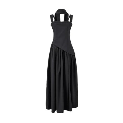 Black halter neck maxi dress with structured bodice and flowing skirt, ideal for evening events or formal occasions