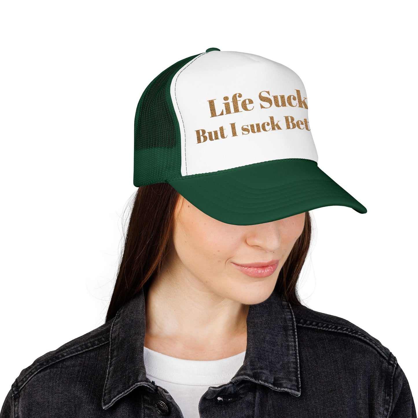Trucker Hat - "Life Sucks But I Suck Better" Gold Glitter Foam Cap