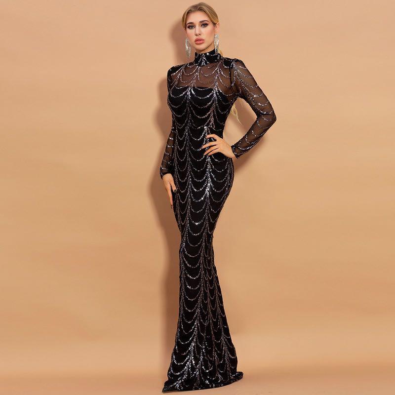 Black sequin mermaid evening gown with long sleeves and high neck, perfect for formal events and parties.