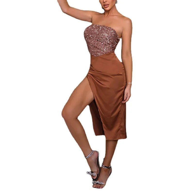 Rose gold sequin strapless dress with high slit and satin skirt, elegant evening wear for parties or formal events
