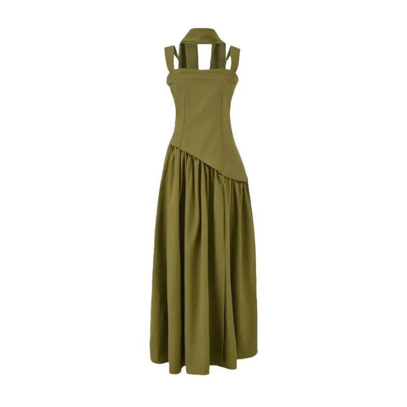Olive green halter neck maxi dress with structured bodice and flowing pleated skirt, ideal for elegant occasions