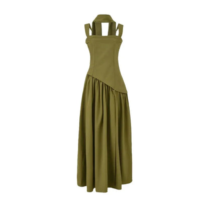 Olive green halter neck maxi dress with structured bodice and flowing pleated skirt, ideal for elegant occasions