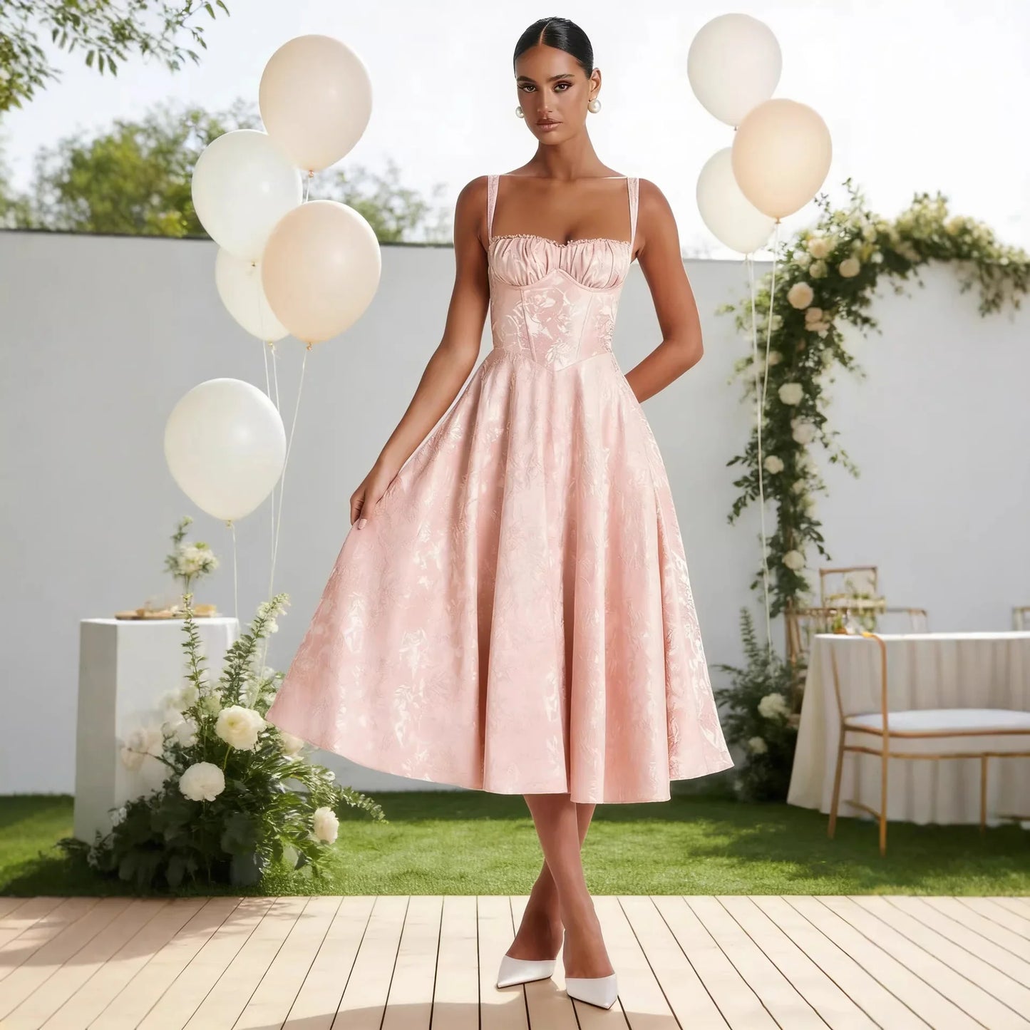 Pink floral jacquard midi dress with square neckline and fitted bodice, perfect for weddings or garden parties