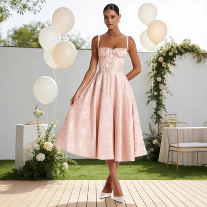Pink floral jacquard midi dress with square neckline and fitted bodice, perfect for weddings or garden parties