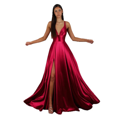 Red satin evening gown with deep V-neck, spaghetti straps, and high slit, perfect for formal events and proms