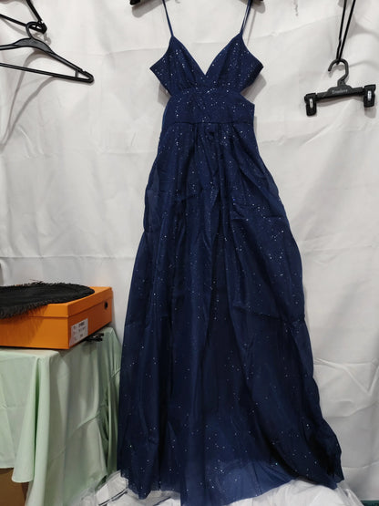 Navy blue sparkly maxi dress with V-neck and tiered ruffle skirt, ideal for evening events or parties