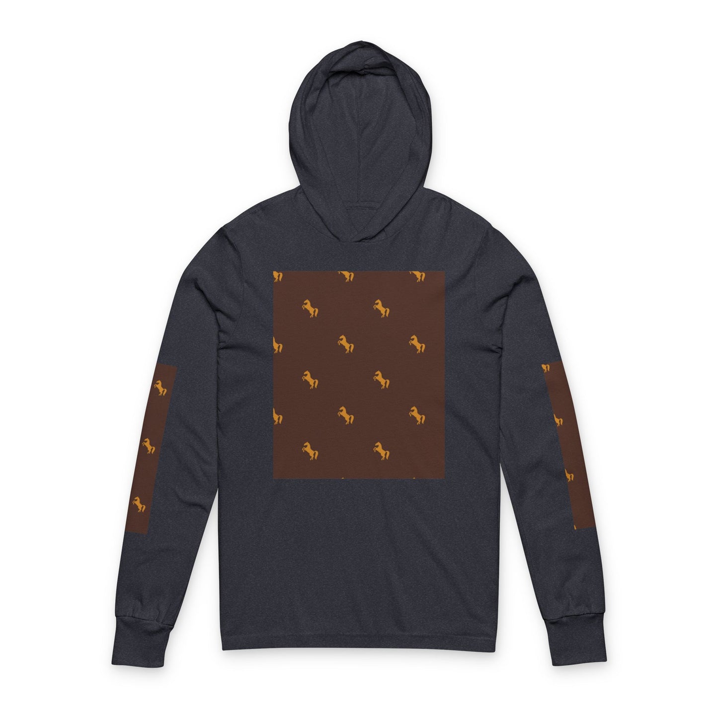 Hooded Long Sleeve Tee — Brown Patterned Horse Motif