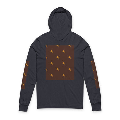 Hooded Long Sleeve Tee — Brown Patterned Horse Motif