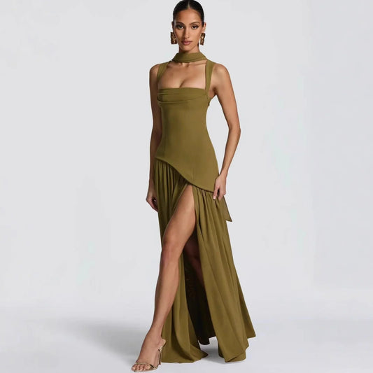 Olive green evening gown with high slit, halter neck, and pleated skirt for formal events