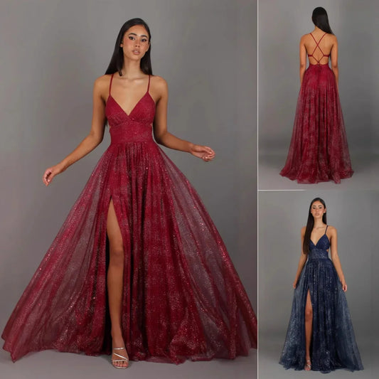 Sparkly burgundy and navy evening gowns with V-neck, crisscross back, and high slit, perfect for formal events