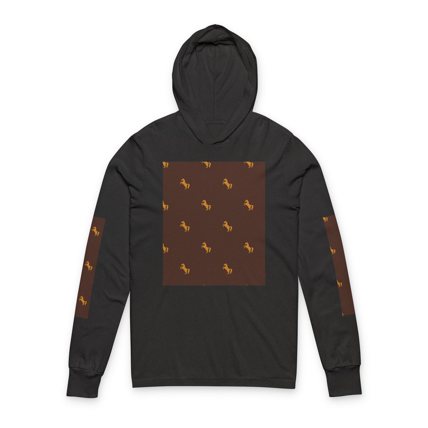 Hooded Long Sleeve Tee — Brown Patterned Horse Motif