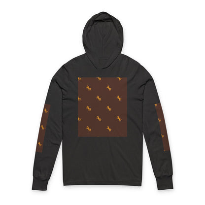 Hooded Long Sleeve Tee — Brown Patterned Horse Motif