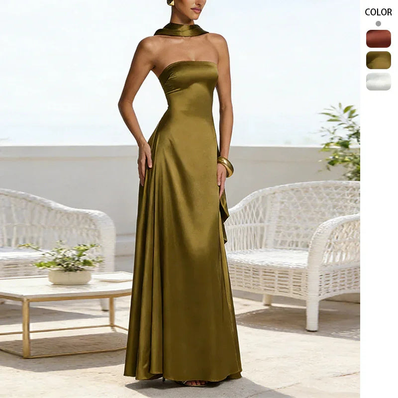 Olive green satin strapless evening gown with high neckline and side slit, perfect for formal events and parties