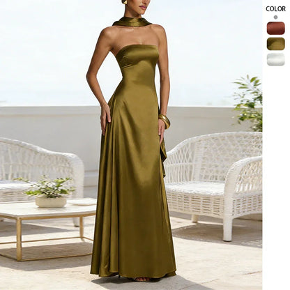 Olive green satin strapless evening gown with high neckline and side slit, perfect for formal events and parties