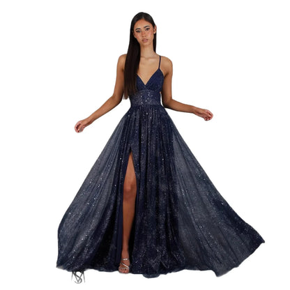 Navy blue sparkly evening gown with V-neck, thin straps, high slit, and flowing tulle skirt for formal events