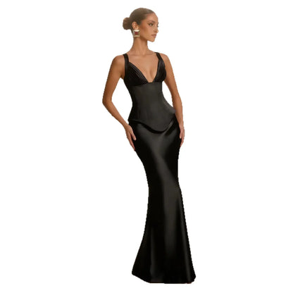 Black satin mermaid evening gown with pleated bodice and V-neckline, perfect for formal events and galas.