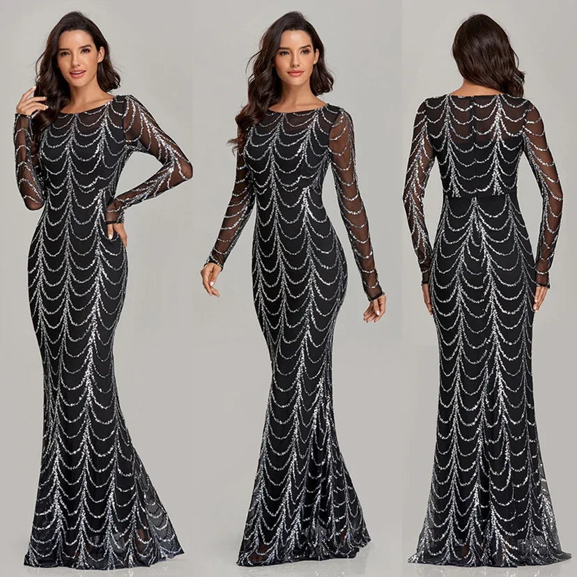 Black long-sleeve mermaid gown with silver beaded scallop detailing, sheer mesh overlay, elegant evening wear
