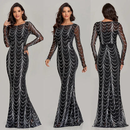 Black long-sleeve mermaid gown with silver beaded scallop detailing, sheer mesh overlay, elegant evening wear