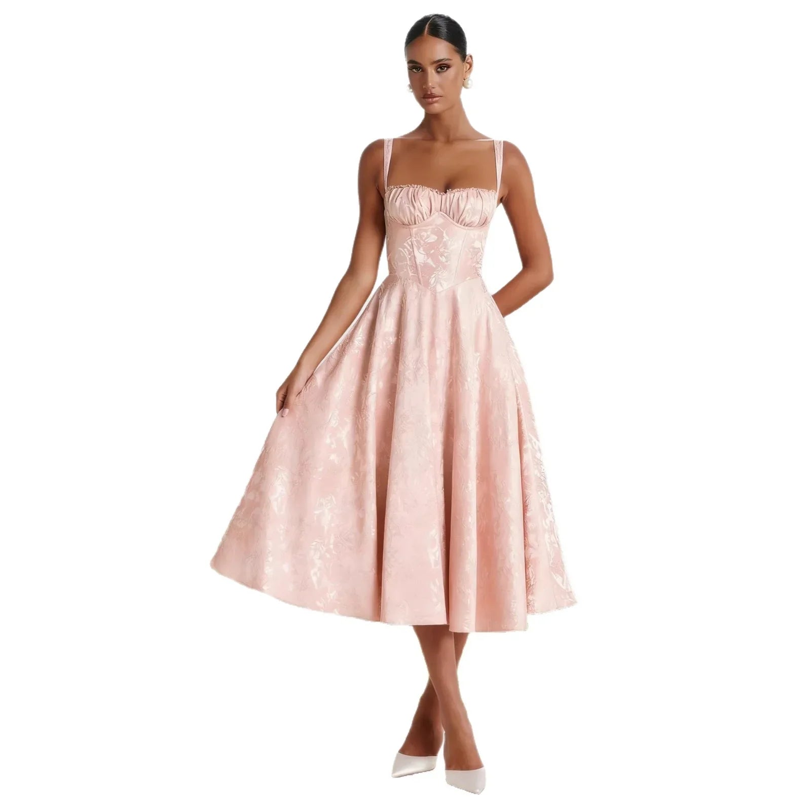 Pink floral jacquard midi dress with sweetheart neckline, thin straps, and flared skirt for formal events or parties
