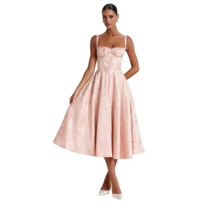 Pink floral jacquard midi dress with sweetheart neckline, thin straps, and flared skirt for formal events or parties