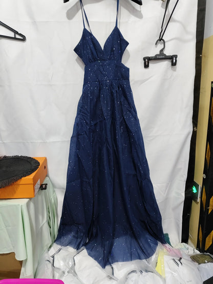 Navy blue sparkly maxi dress with V-neck and thin straps, ideal for evening events or formal occasions