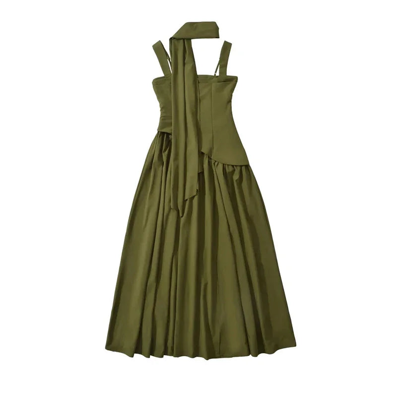 Olive green halter neck midi dress with tie back and pleated skirt, lightweight fabric for summer wear