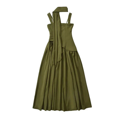 Olive green halter neck midi dress with tie back and pleated skirt, lightweight fabric for summer wear