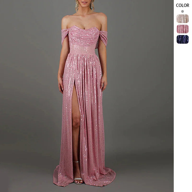 Pink sequin off-shoulder maxi dress with high slit, elegant evening gown for formal events and parties