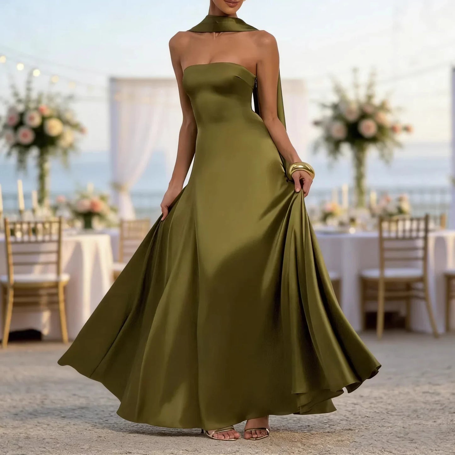 Olive green satin strapless evening gown with high neck collar and flowing A-line skirt, perfect for formal events