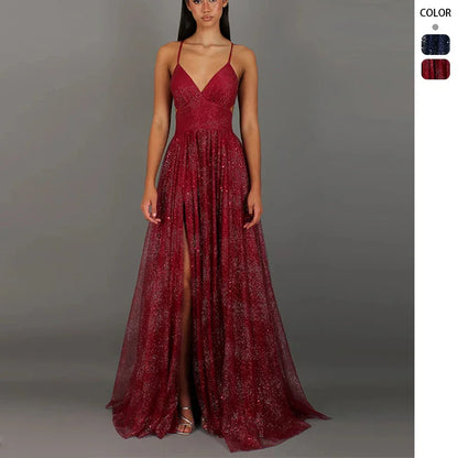 Burgundy glitter evening gown with V-neck, spaghetti straps, and high slit, ideal for formal events and proms