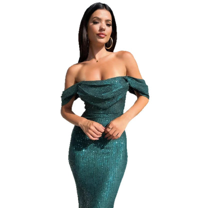 Emerald green sequin off-shoulder bodycon dress with ruched neckline and short sleeves for evening events